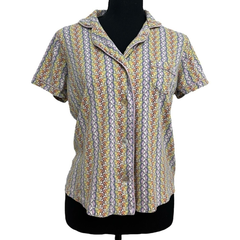 Roller Rabbit Pajama Top Button Up Elephant Rainbow Cotton Size Medium